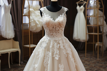 婚纱橱窗中一件新娘礼服背景图片
