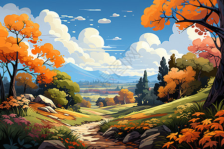 一幅描绘秋天乡间的插画图片