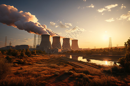 日落时捕捉到一个地热发电厂图片