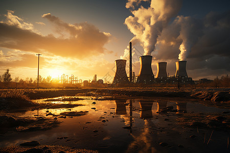夕阳下的地热发电厂图片