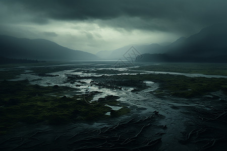 暴雨浩瀚昏暗的山间沼泽地背景