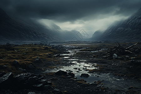 暴雨乌云笼罩的山间湿地背景