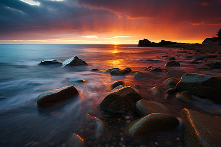 日落余晖照亮的岩滩景观图片
