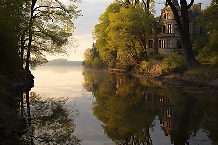 风景优美的欧式建筑湖畔图片