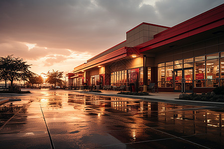 日落时分的超市外景图片