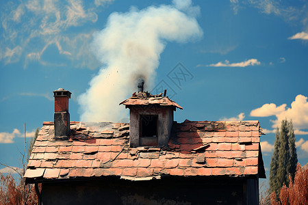 房屋上烟囱中冒出的烟雾图片