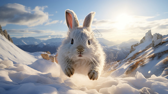 户外在雪地中奔跑的兔子背景图片