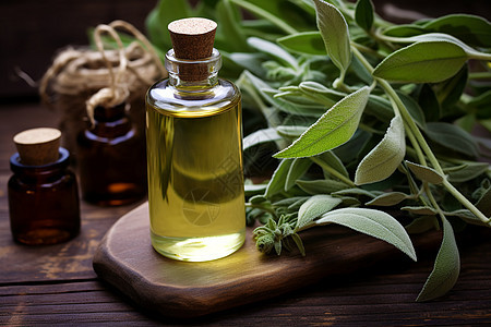 木桌上的橄榄油和叶子图片