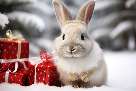 雪地中的礼盒和兔子图片