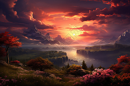 夕阳下的山谷和湖泊图片