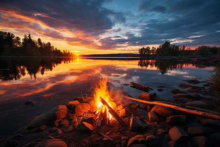 夕阳时湖边的篝火图片