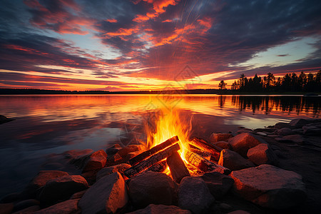 湖畔岸边的篝火图片