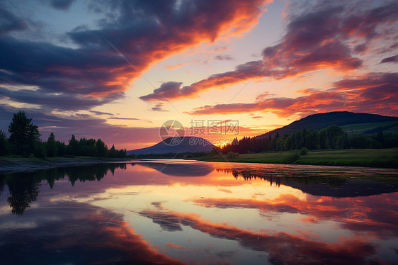 湖光山色的日出风景图片
