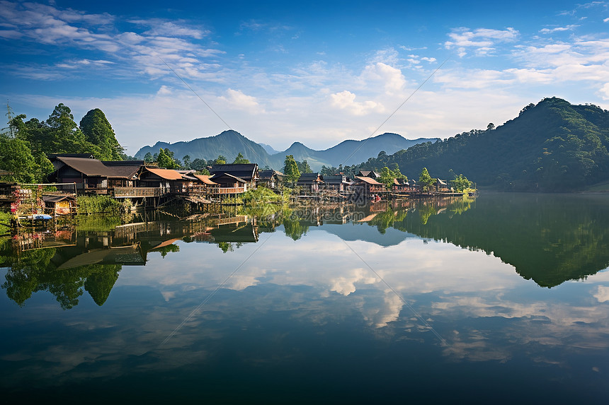 湖光山色的乡村风景图片