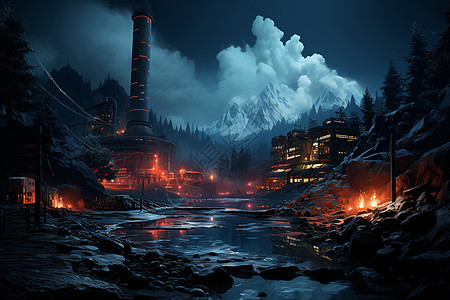 夜幕下的大型地热发电厂图片