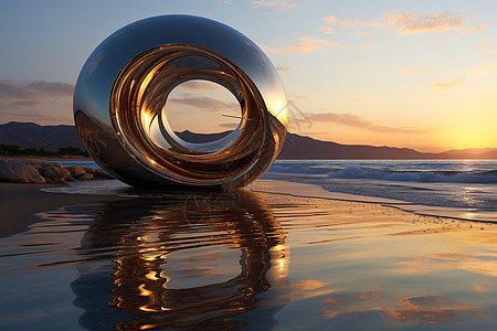 日出海岸上的球形金属装饰图片