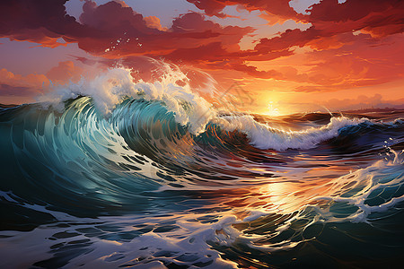 夕阳下海中洁白的浪花插图图片