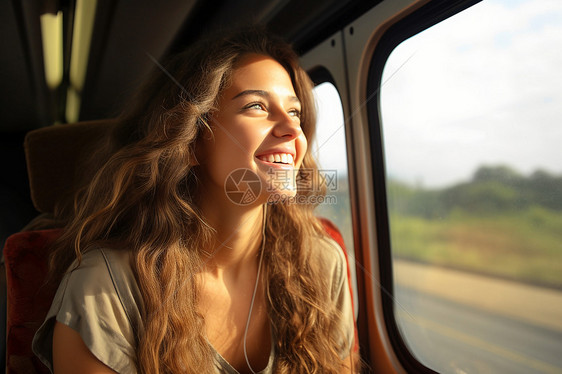 窗边笑容开朗的女子图片