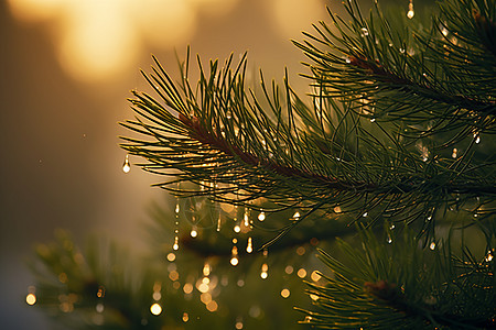 松树枝上的雨滴微光图片