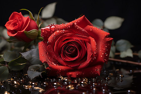 沾满水滴的红色玫瑰花图片