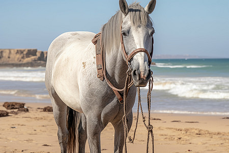 海边沙滩上站立的白马图片