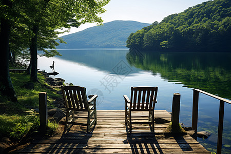 夏季湖畔悠闲的座椅图片