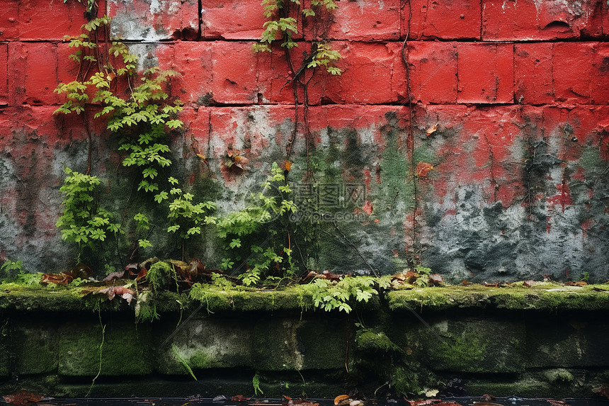 乡村红砖墙外的苔藓图片