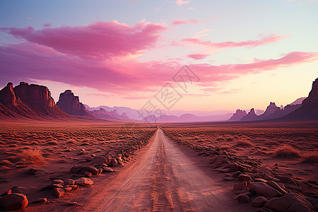 蜃楼沙漠魅影日落时分的神秘长路背景