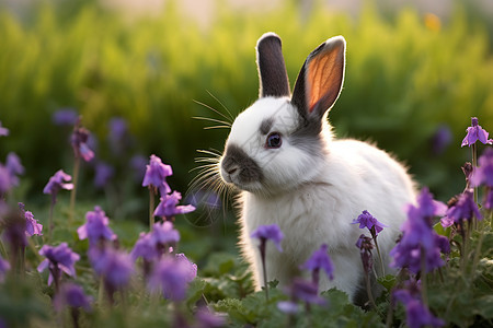 紫色花田中的兔子图片