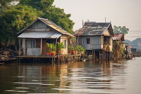 在河上有一座传统的木屋建筑图片