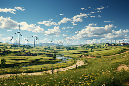 辽阔草地上的风力发电机背景图片