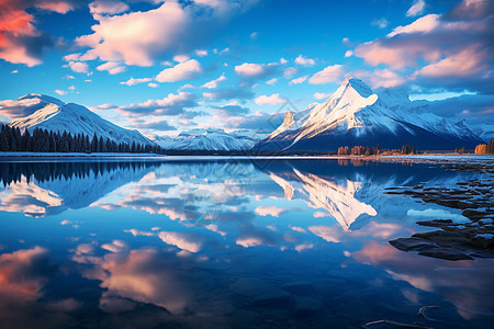 清澈水雪山前的自然湖泊背景