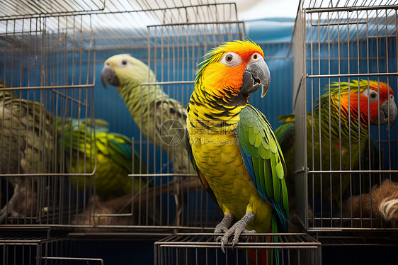 鸟笼里面多彩的鹦鹉动物图片