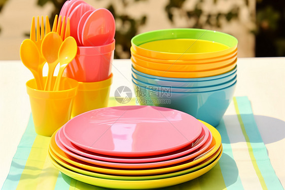 桌面上的塑料餐具图片