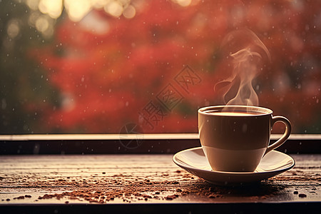 窗台上面的热咖啡图片
