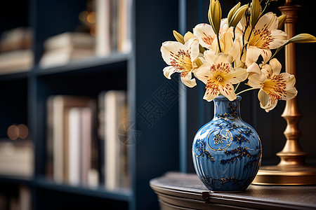 蓝色花瓶里的美丽花朵背景图片