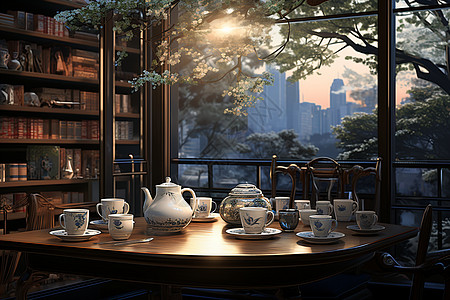 桌面上的陶瓷茶具背景图片