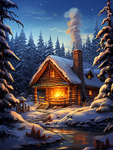 冬日林中温馨小屋图片