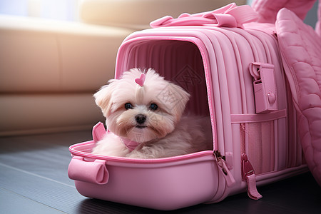 粉色宠物航空箱内的小狗图片