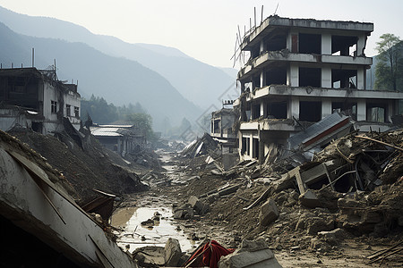 山脉间的建筑废墟图片