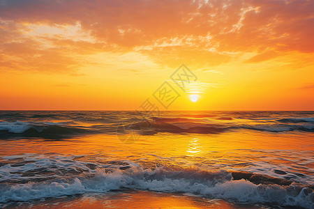 卷浪夕阳下海浪拍打沙滩背景