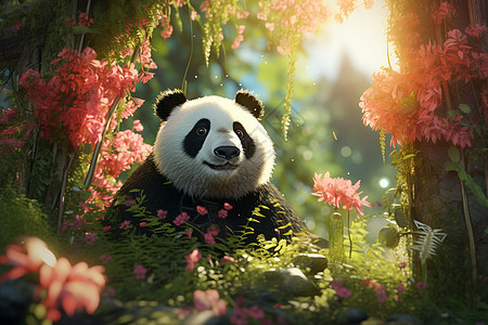 花草间的熊猫背景图片