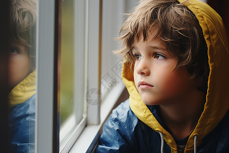 孤独的孩童望着窗外图片