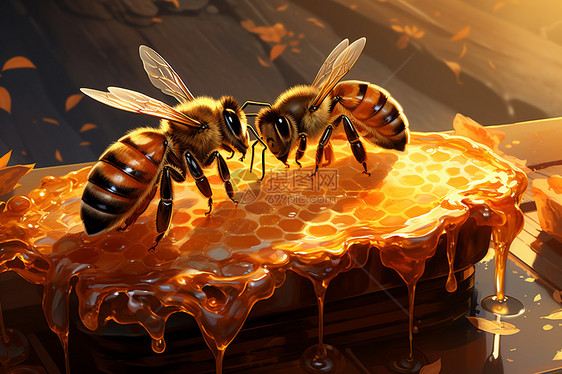 蜂巢中的蜜蜂和蜜糖图片
