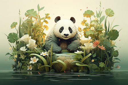 水中小岛上的熊猫图片