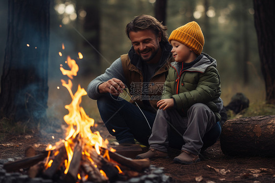 父与子在树林中的篝火旁图片