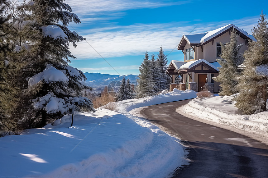 冬日中的小屋与雪景图片