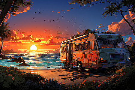 日落时分一辆豪华房车停在沙滩上图片