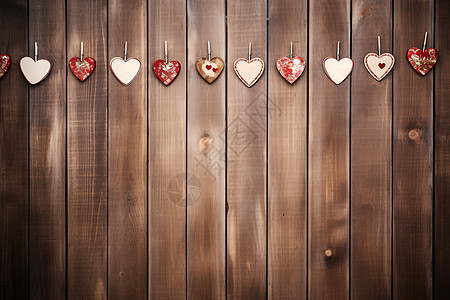 挂满爱心装饰的木质墙壁图片