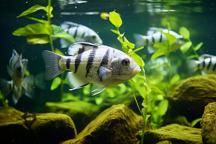 水族馆中的热带条纹鱼图片